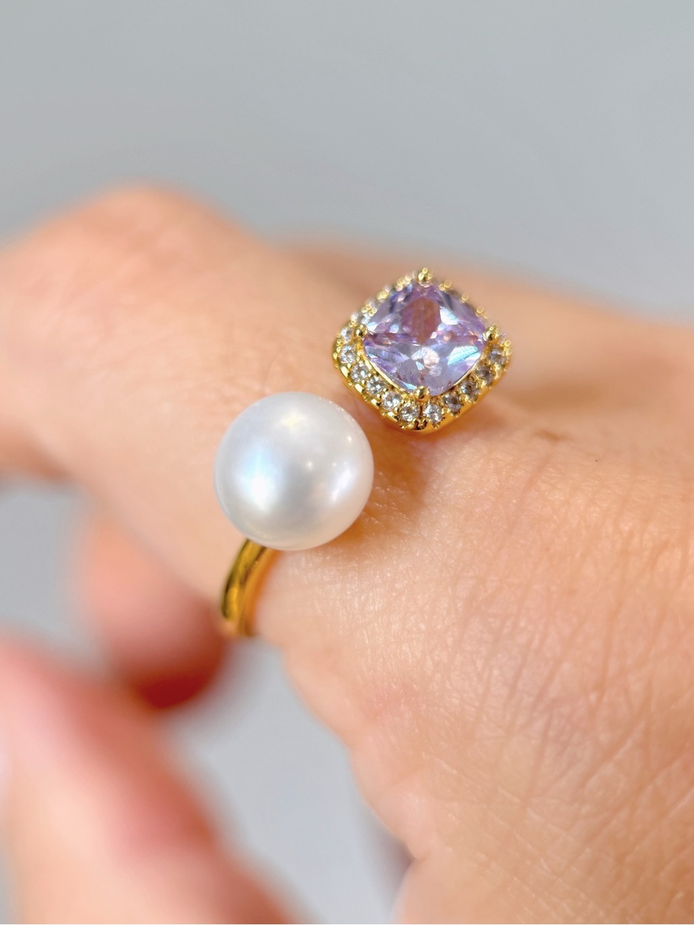 Gold Open Ring with White Freshwater Pearl and Lavender Crystal